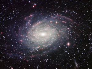 This picture of the nearby galaxy NGC 6744 was taken with the Wide Field Imager on the MPG/ESO 2.2-metre telescope at La Silla. The large spiral galaxy is similar to the Milky Way, making this image look like a picture postcard of our own galaxy sent from extragalactic space. The picture was created from exposures taken through four different filters that passed blue, yellow-green, red light, and the glow coming from hydrogen gas. These are shown in this picture as blue, green, orange and red, respectively.